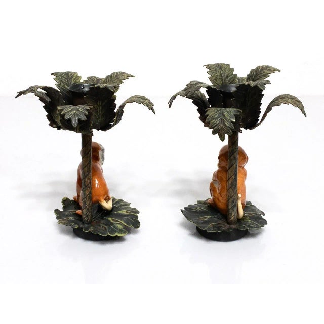 Palm Tree Candlesticks, Holders With Porcelain Hand Painted Monkeys, a Pair For Sale - Image 4 of 8