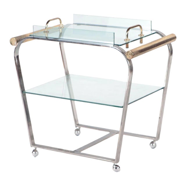 A Chrome and Glass Bar Cart With Brass Details and Removable Tray C 1980. For Sale