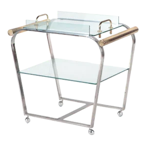 A Chrome and Glass Bar Cart With Brass Details and Removable Tray C 1980.