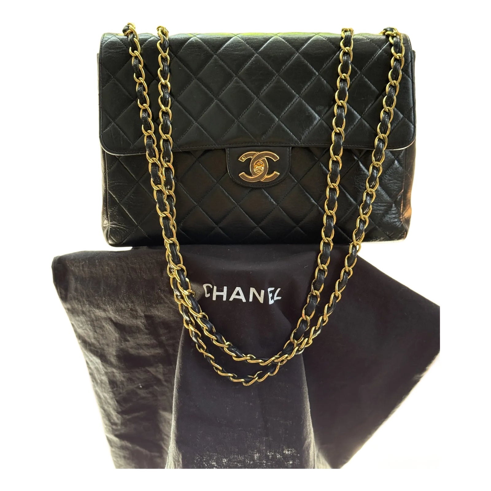 1990s Chanel Vintage Jumbo Single Flap Quilted Lambskin 24k Plated