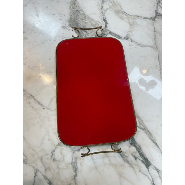 1970s Arlecchino Milano Red Serving Tray With Brass Handles For Sale - Image 5 of 9