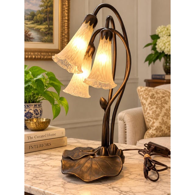 Art Nouveau Vintage 3-Light Lotus Flower Meyda Tiffany-Style Table Lamp, Sculptural Bronze-Tone Base, Botanical Glass Shades, Elegant Accent Lighting For Sale - Image 3 of 11