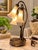 Art Nouveau Vintage 3-Light Lotus Flower Meyda Tiffany-Style Table Lamp, Sculptural Bronze-Tone Base, Botanical Glass Shades, Elegant Accent Lighting For Sale - Image 3 of 11
