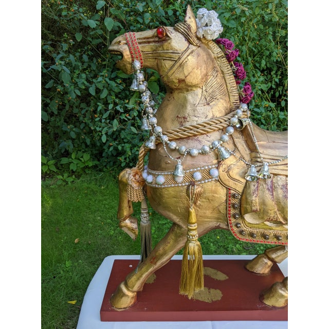 Mid 20th Century XL Chinese Hand-Carved Gilt Wood Stylized Tang Horse Sculpture Statue Figure For Sale - Image 4 of 12