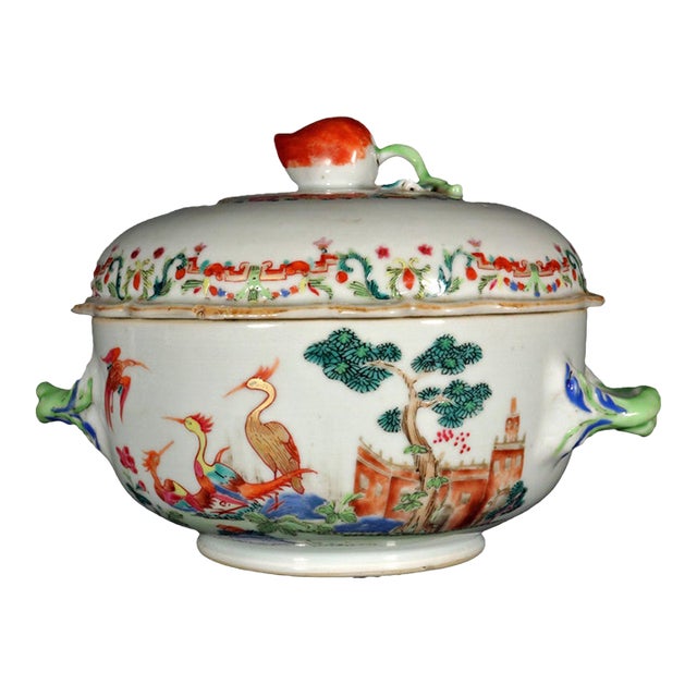 Chinese Export Famille Rose Tureen and Cover, Meissen-Style Harbor Scene With Cranes For Sale