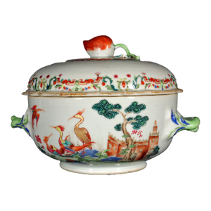 Chinese Export Famille Rose Tureen and Cover, Meissen-Style Harbor Scene With Cranes