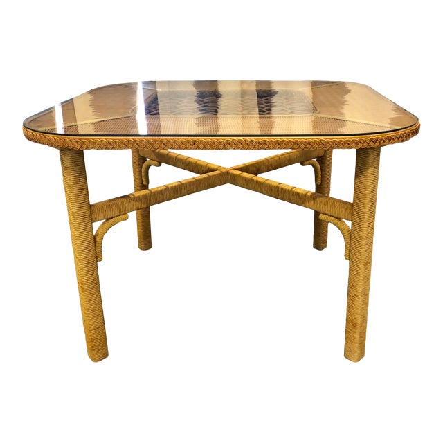 1970s Boho Chic Henry Link Rattan Wrapped Wicker Dining Table Chairish