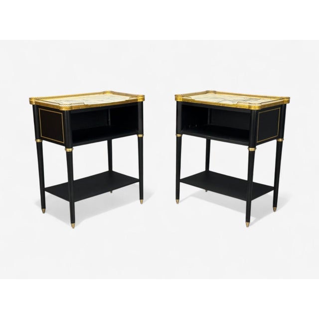 Maison Jansen Style, Hollywood Regency, Brass, Marble, Ebonized Open Nightstands For Sale In New York - Image 6 of 14