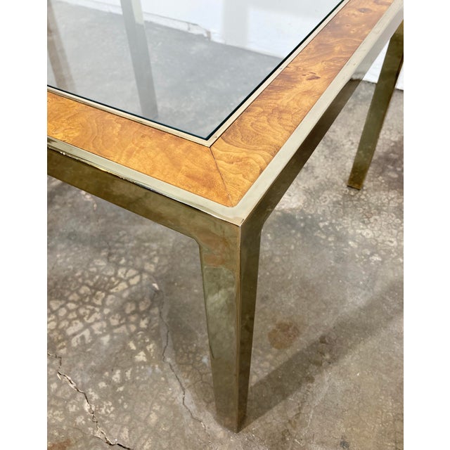 Brass Vintage Parsons Style Burl Wood and Brass Glass Top Side Table For Sale - Image 8 of 10