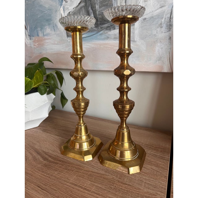 Vintage Solid Brass Octagonal Candlesticks With Swirl Glass Bobeches, Pair For Sale - Image 4 of 13