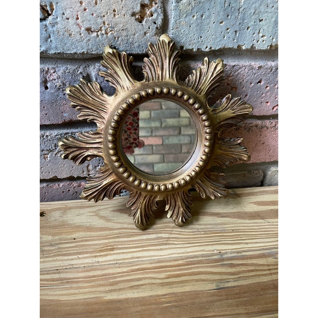 Vintage 1960s Petite 8.5" Acanthus Leaf Sunburst Wall Mirror For Sale - Image 12 of 16