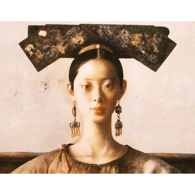 Textile Large C. 2000s After Lu Jian Jun, Portrait of a Woman Seated on a Chair, Print on Canvas For Sale - Image 7 of 10