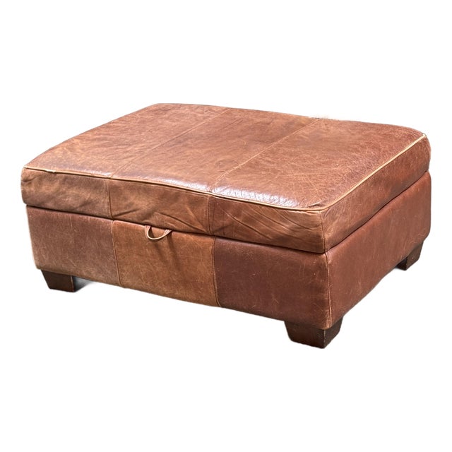 Rustic Leather Storage Ottoman, Cognac For Sale