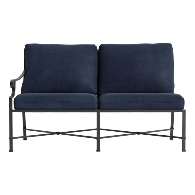 Brown Jordan Venetian Left Arm Loveseat, Textured Pewter frame with Fusion Neptune fabric For Sale