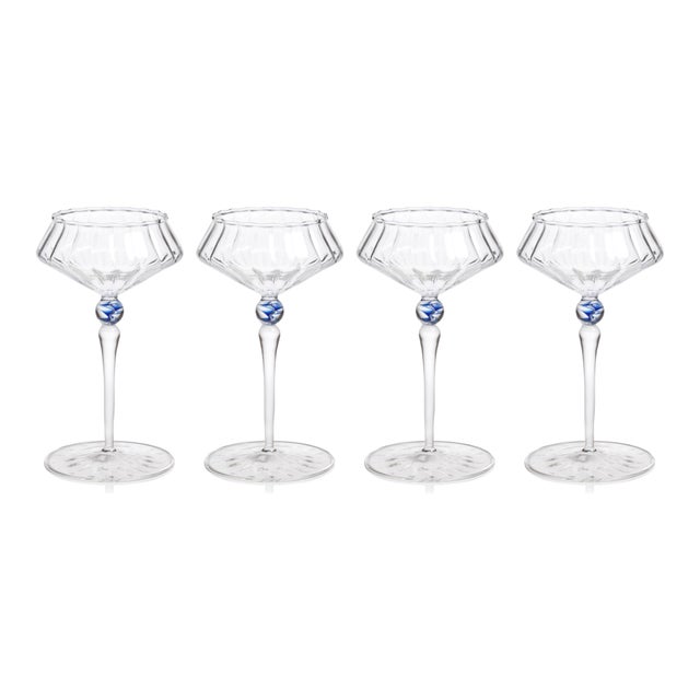 Ondine 4-Piece Set Fluted Coupe Glasses, Clear with Royal Azure Accent For Sale - Image 4 of 4