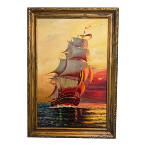 Original Vintage Oil Painting by Klekner (1962) – Tall Ship at Sunset, Seascape