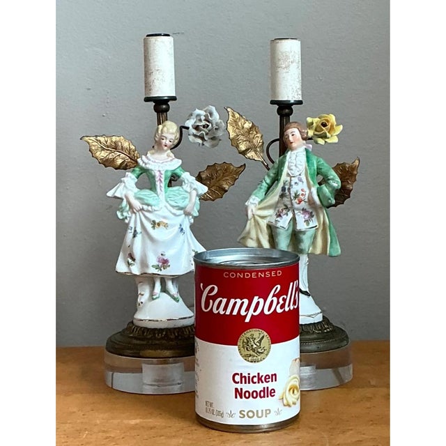 Vintage Lucite Base Porcelain Figurine Lamps - a Pair For Sale - Image 11 of 12