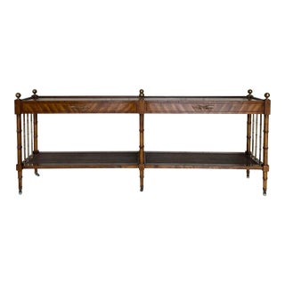 Mid 20th Century Walnut Bamboo Console with Lower Cane Shelf For Sale