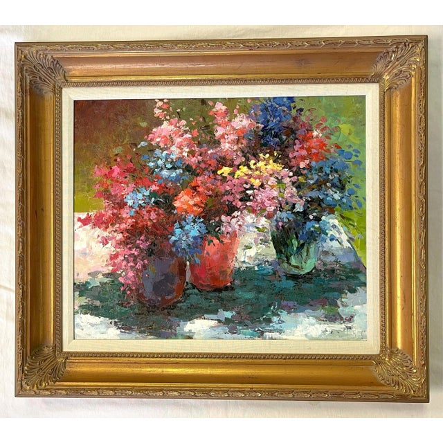 Original Signed and Framed Impressionist Flowers Oil Painting on Canvas For Sale - Image 11 of 12