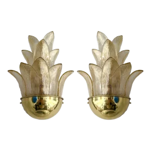 Contemporary Pair of Brass and Gilt Murano Glass Palm Tree Sconces, Italy