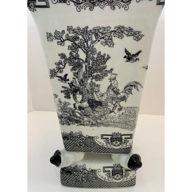 Ceramic Chinese Black & White Porcelain Vase, Figural Rooster Garden Scene For Sale - Image 7 of 10