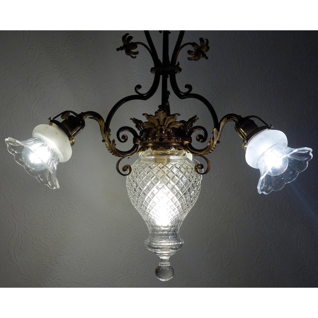 Antique French Art Nouveau Brass and Glass 4-Light Chandelier, 1940s For Sale - Image 10 of 13