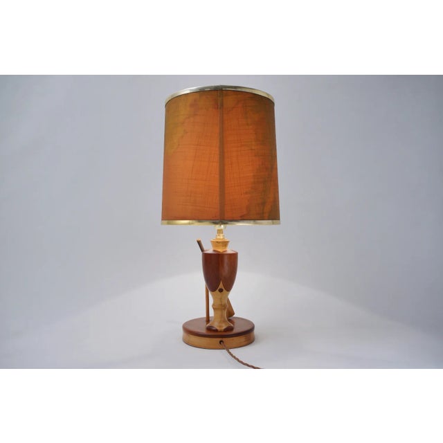Wood 1950`s English Marquetry Wood Inlaid Table Lamp, Sport Cricket Theme, Rewired For Sale - Image 7 of 13