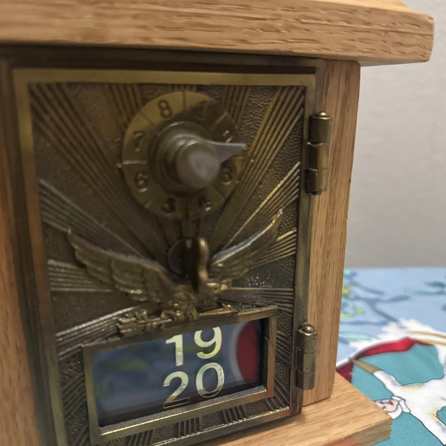 1930s Antique Post Office Box Door Bank – Vintage Cast Bronze Eagle Door in Oak Case For Sale - Image 5 of 9
