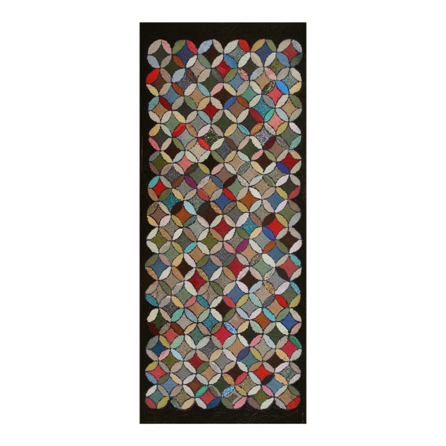 1920s Multicolor Geometric Antique American Hooked Rug 3'7" X 8'9" Knotted Wool Carpet For Sale