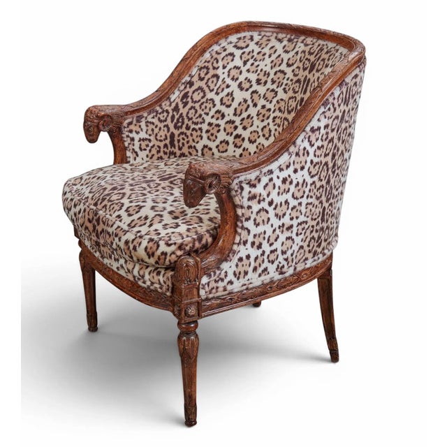 Wood Louis XVI Style Carved Ram’s Head Armchairs in Leopard Upholstery- A Pair For Sale - Image 7 of 11