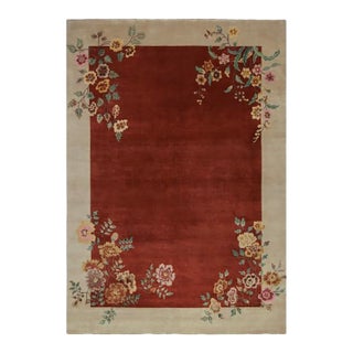 Rug & Kilim’s Chinese Art Deco Style Rug in Red & Cream With Floral Pattern For Sale