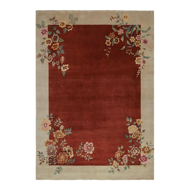 Rug & Kilim’s Chinese Art Deco Style Rug in Red & Cream With Floral Pattern For Sale