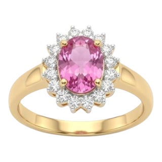 Natural 18k Gold Pink Sapphire & Diamond Halo Ring, 1.47ct For Sale