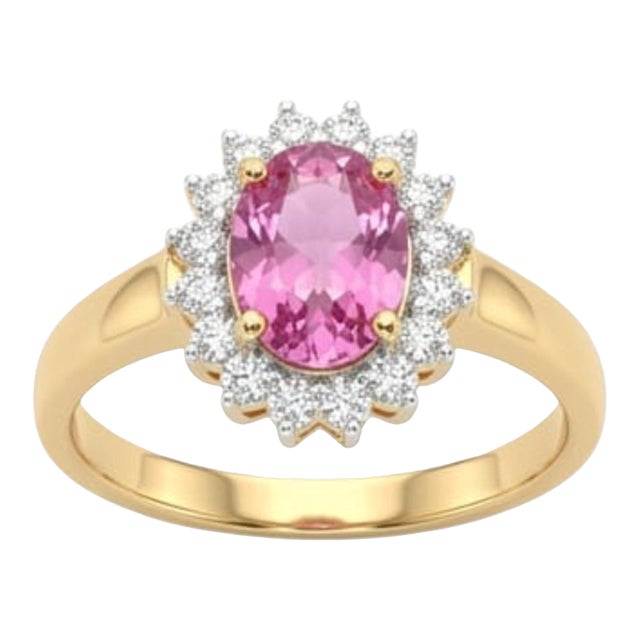 Natural 18k Gold Pink Sapphire & Diamond Halo Ring, 1.47ct For Sale