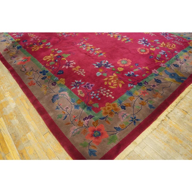 1920s 1920s Ruby Red Floral Vase Antique Chinese Art Deco Carpet 9' X 11'9" Knotted Wool Rug For Sale - Image 5 of 12