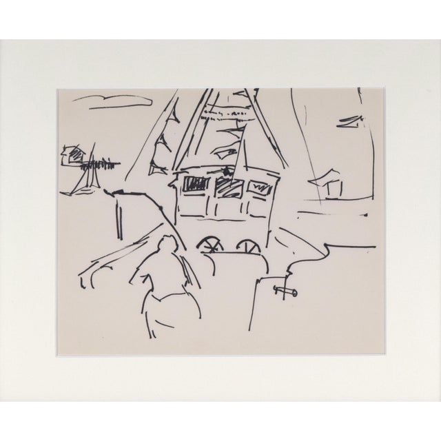 Vintage Pen and Ink drawing from the interior of a ship, with a dock and boat house in the distance. Unsigned, but from a...