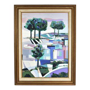 Mid Century Modern Italian Abstract Geometric Oil Painting Houses Signed Marzio Guasti