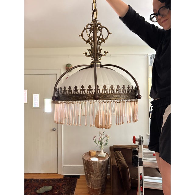 1920s/30s Frosted Glass Dome Chandelier With Brass Crown Detailing and Pink Blown Glass Beads For Sale - Image 9 of 9