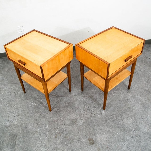 Mid Century Modern Nightstands Side Table Birch Walnut Drawer Italian End Set 2 For Sale In Sacramento - Image 6 of 12