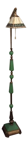 Antique 1920 - 1930 Art Deco Jadeite Cast Iron Floor Lamp With Shade