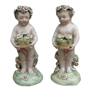 18th Century English George III Chelsea Derby Porcelain Figures of Cherubs, Putti or Children Holding Baskets of Flowers - a Pair