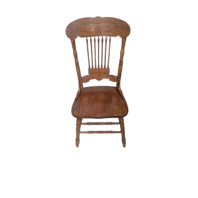 American Vintage Solid Oak Carved Pressed-Back Dining Chairs, Set of 4, Early American Farmhouse For Sale - Image 3 of 6
