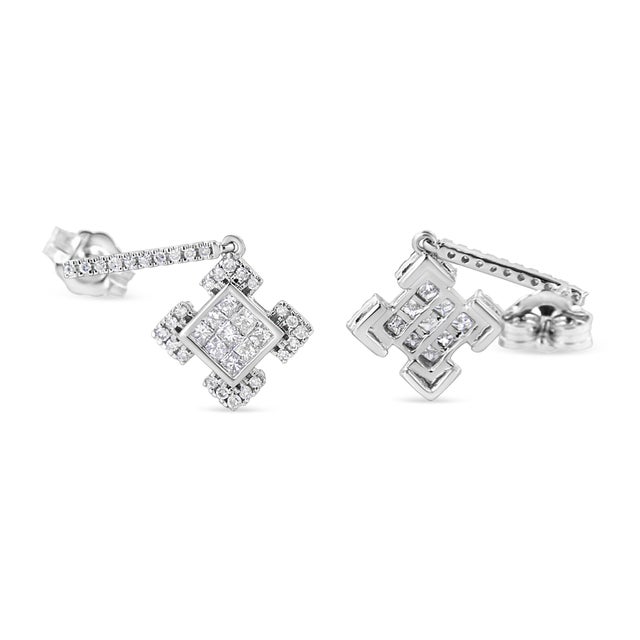 2020s 10K White Gold Princess and Round Diamond Geometric Composite Dangle Earrings For Sale - Image 5 of 5