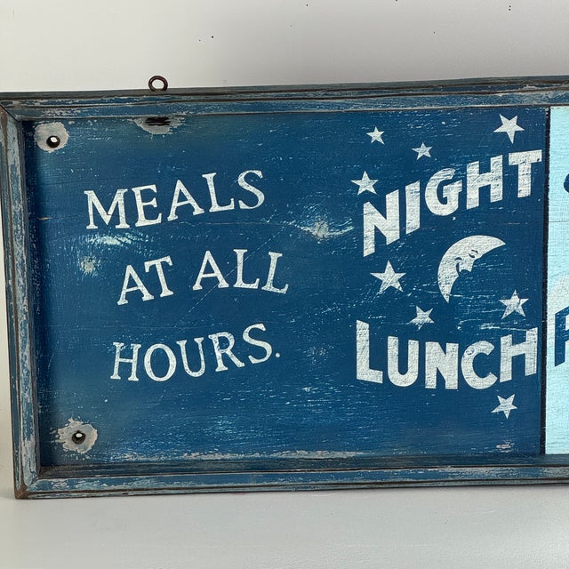 Brilliant Decorative Vintage Tavern Sign in Blues, Advertising Meals Where Miners Are Welcome For Sale - Image 4 of 13