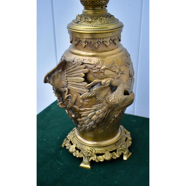 Chinese Antique Ornate Solid Brass Bird of Pardise Converted to Electric Lamp For Sale - Image 3 of 12