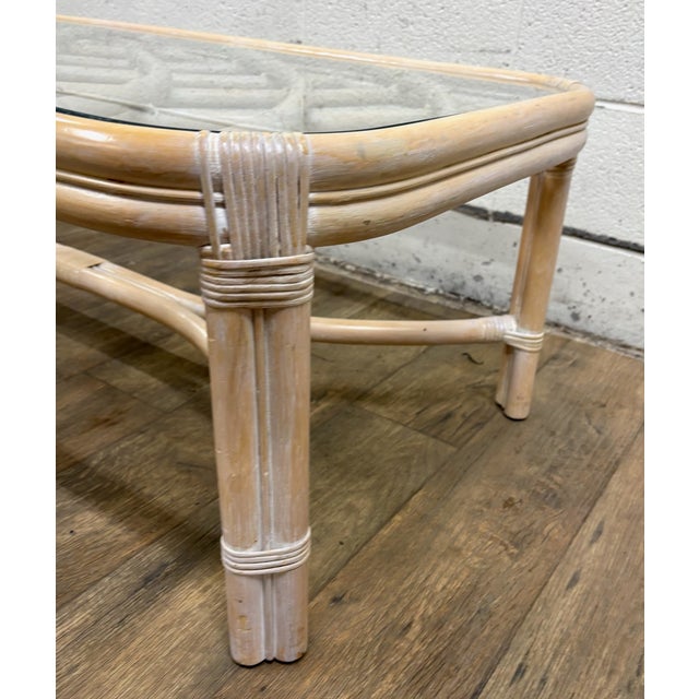 Wood Vintage MCM Style Organic Coastal Rattan Bamboo Glass Coffee or Cocktail Table For Sale - Image 7 of 11