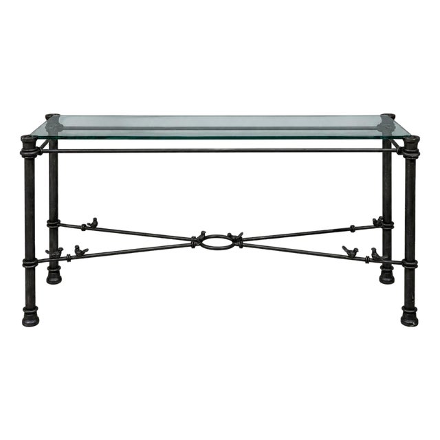 Giacometti Style, Console Table, Forged Metal, Glass, Usa, 1970s For Sale