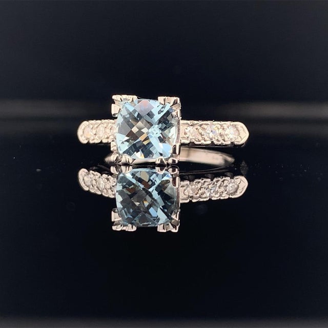 Silver Diamond Aquamarine Ring 14k White Gold 1.70 TCW Women Certified For Sale - Image 8 of 11