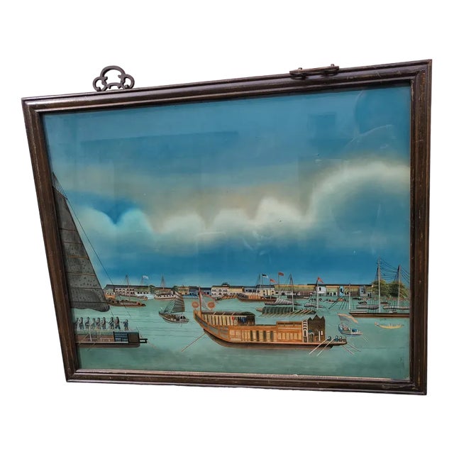 View of a Port in Asia, 20th Century, Reverse Glass Painting For Sale