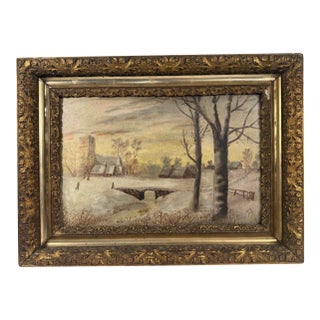 Late 19th Century Antique American Winter Farm Scene Painting – Ornate Gilt Gesso Frame, Paragon Academy Board For Sale